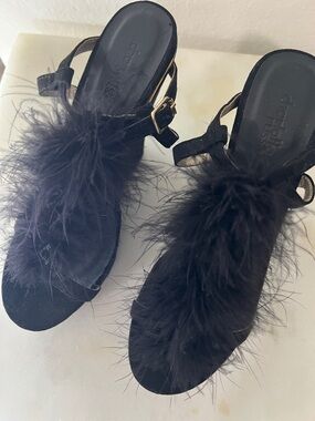 Charlotte Russe Black Feathered Slingback Heels with Gold Buckle